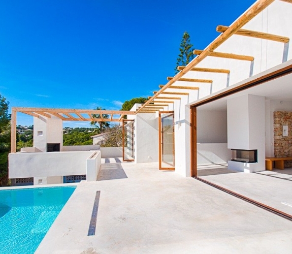 Modern Ibiza style New Build Villa for sale in Pinar del Advocat Moraira with Sea Views and walking ...